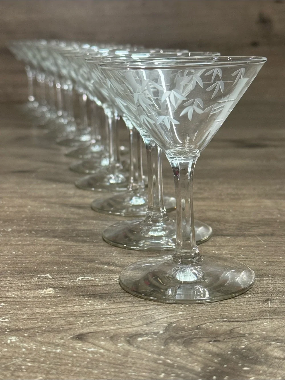 (8) Vintage Noritake Sasaki Bamboo Etched Glassware Martini Glasses Set 8